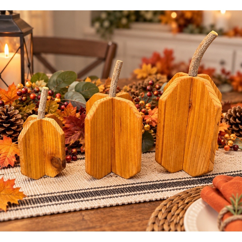 Handmade Wood Pumpkin Set of 3 Rustic Fall Thanksgiving Decor Twig Stems